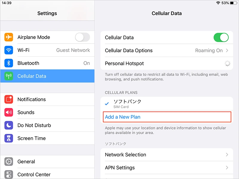 Tap Cellular Data & Add Cellular Plan