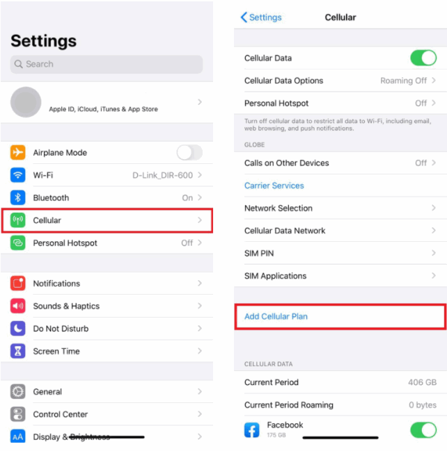 iPhone Settings → Cellular → Add Cellular Plan