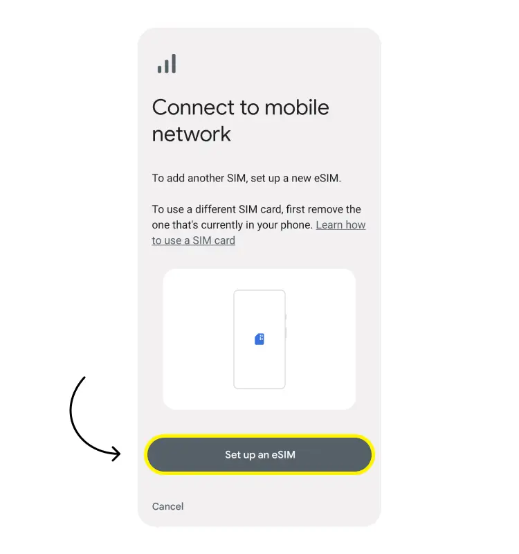 Android Network & internet → SIMs → Add SIM → Set up an eSIM